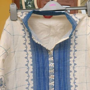 White And Blue Cotton Kurta
