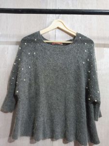 Gray Knit Sweater with Pearls