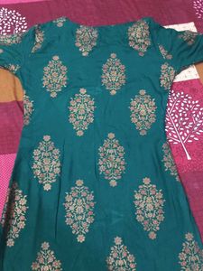 Elegant Teal Kurti with Gold &amp; Red Floral Print
