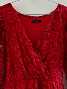Red Lace Wrap Dress with Puff Sleeves