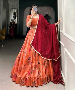 Vibrant Orange Floral Lehenga Choli with Red Dupat