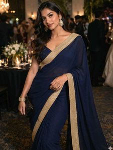 💙 Navy Blue Saree with Rhinestone Border 💙