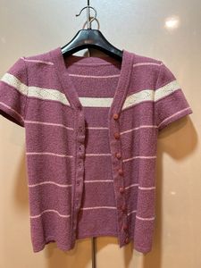 Lilac &amp; white stripe front open cardigan