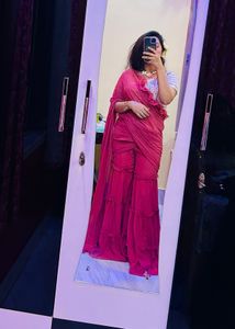 Ruffled Pink Ready To Wear Sharara Saree