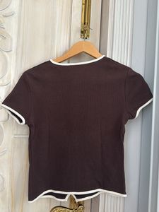 Brown Button-Up Top with White Trim