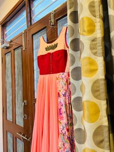 Elegant Peach &amp; Floral Print Gown