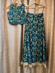 Teal and Gold Floral Print Two-Piece Dress