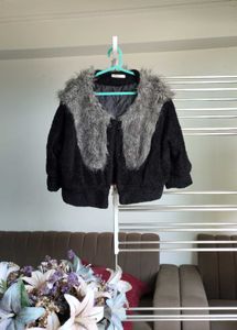 Fuzzy Black Cardigan with Faux Fur Collar