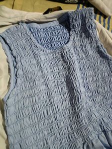 Light Blue Smocked Dress with Striped Overlay