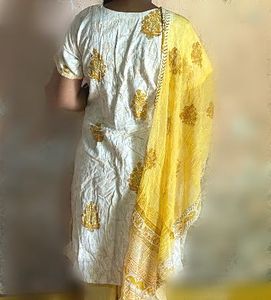 White &amp; Yellow Chikankari Kurta Set