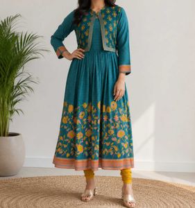 Teal Floral Print Kurta Set with Jacket
