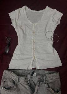 White Button-Up Blouse with Lace Trim