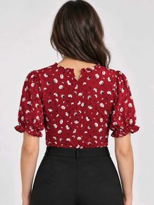 Chic Red Floral Puff Sleeve bodysuit