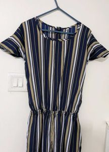 Navy Blue and Beige Striped Basic Jumpsuit