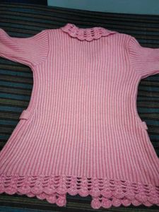 Pink Knitted Cardigan with Crochet Trim
