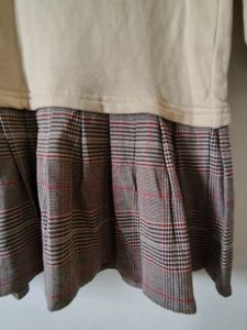 Cream Graphic Print Dress with Plaid Skirt