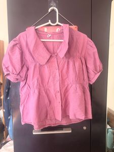 Cute Pink Puff Sleeve Collared Top