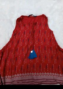 Red Printed Sleeveless Short Kurti