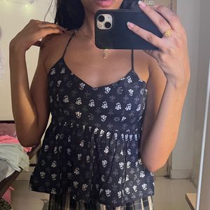 Boho/Ethnic Black Floral Peplum Top