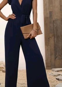 Solid Dark Blue Wide Leg Jumpsuit
