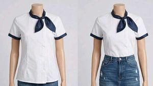 Professional White Blouse with Navy Necktie Trim