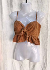 I. Brown Tie-Front Peplum Top