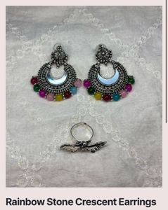 Colorful Crescent Moon Earrings and Ring