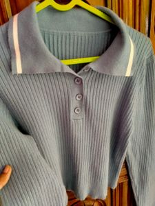 Blue Cropped Polo Knit Top