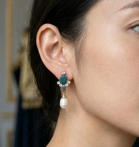 Blue stone pearl drop earrings