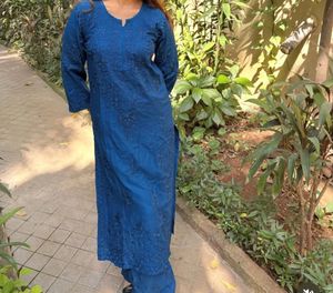 Blue Embroidered chikankari kurta set