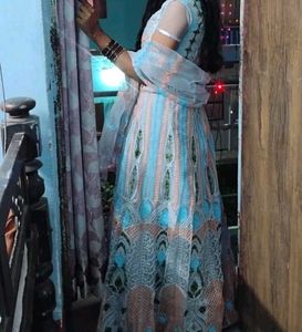 Elegant Blue &amp; Peach Embroidered Lehenga