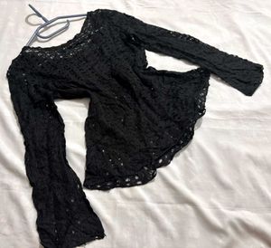 🎁Y2k Crochet Black Bell Sleeve Top M