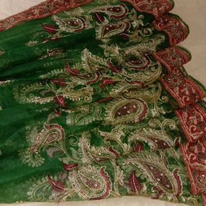 Green &amp; Red Embroidered Saree