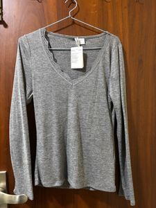 H&M Grey Long Sleeve Lace Trim Top