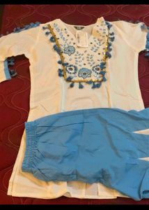 White Kurta Set with Blue Embroidery