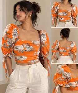 Orange Floral Ruched Puff Sleeve Crop Top