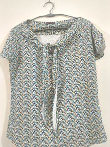Patterned Tie-Neck Blouse