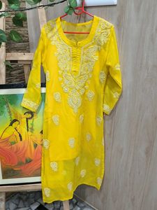 Yellow Chikan Embroidery Kurti
