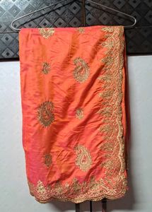 🪞Vintage Coral Paisley Embroidered Saree
