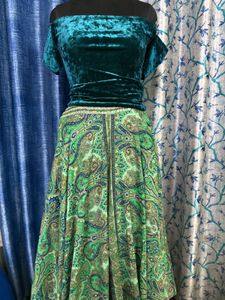 Elegant Teal Velvet Top & Green Skirt Set