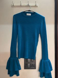 Blue Ruffle Sleeve Top