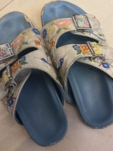 Embroidered Floral Double Strap Sandals
