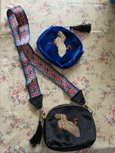 Embroidered Crane Crossbody Bag Set