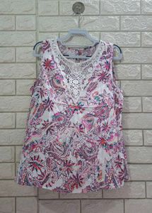 Boho Paisley Print Lace Trim Top