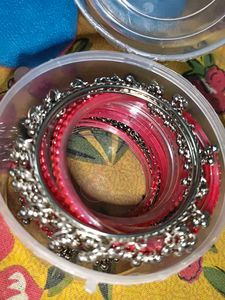 Vibrant Red Bangles with Silver Charms