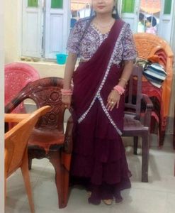 Maroon Ruffled Saree with Embellished Border