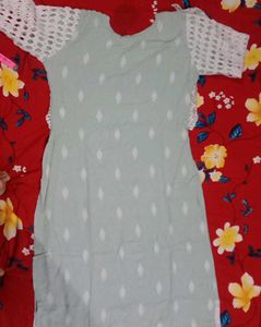 Elegant Mint Kurta Set with White Lace Overlay