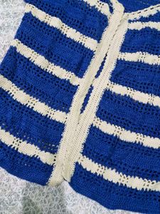 Blue &amp; White Striped Crochet Cardigan