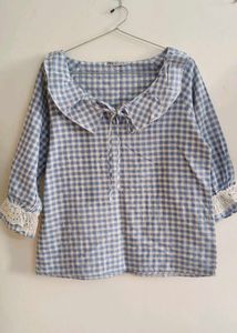 Blue Gingham Ruffle Neck Top