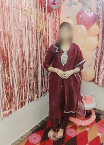 Maroon Kurta Set with Embellished Neckline